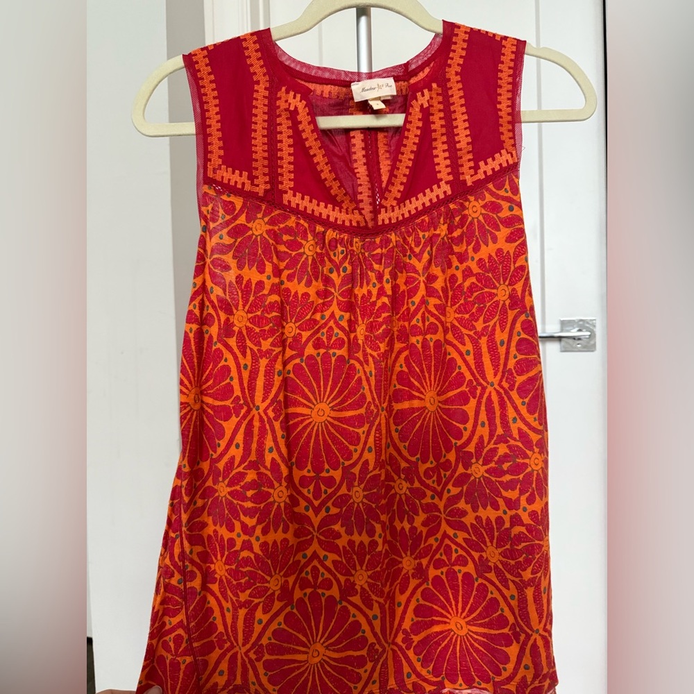 Anthropologie Embroidered Red and Orange Sleeveless Top